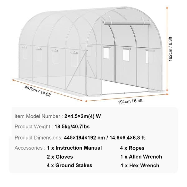 VEVOR Gå-inde Tunnel Drivhus, Kraftig Galvaniseret Ramme, Rummelig Design,15x7x7 hvid