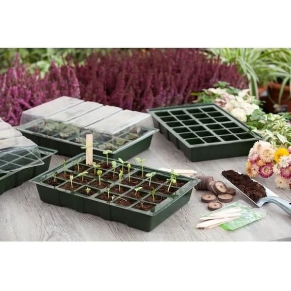 Miniväxthus - NATUR - Set med 4 mjuka plastterriner - 24-cells brickor - H11x35x23,5 cm