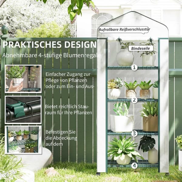 Rootz Folio Greenhouse - Min -Greenhouse - Plant House - Varhainen sänky - 4 hyllyä - Säänkestävä vakaus - 69 x 50 x 165 cm