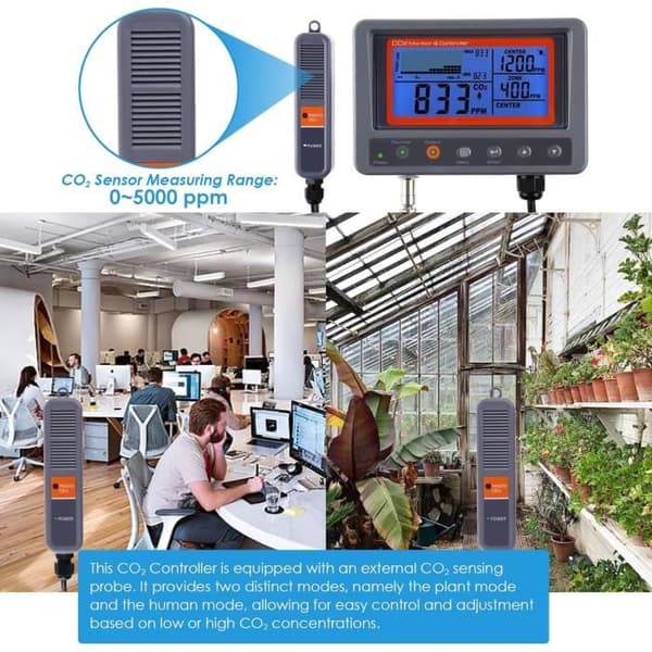 Koldioxid CO2 digital IAQ-monitor med reläfunktion och 4,5 m kabel NDIR detekteringssond