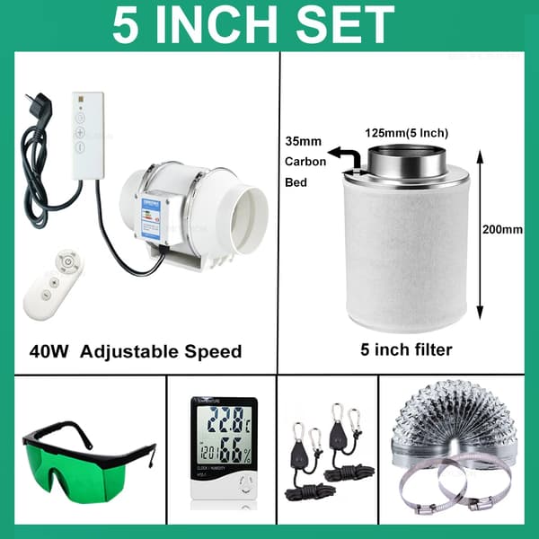 Hydroponinen ilmanvaihtojärjestelmä, 5 tuuman kanavapuhallin, säädettävä nopeuden säätö,5 tuumaa 200mm 35mm, 220V