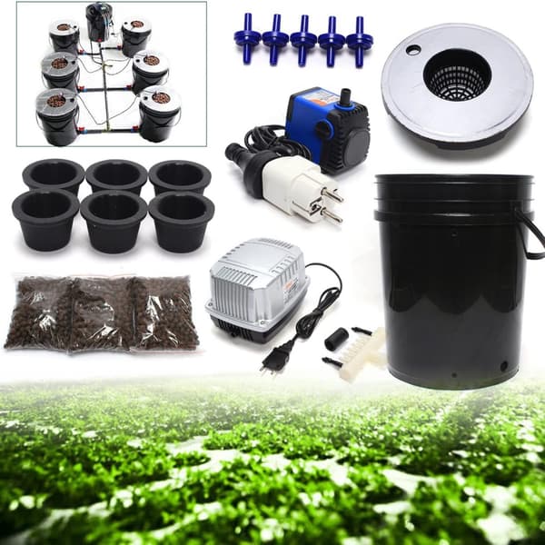 Djupvattenkultur Hydroponiskt Odlingssystem, 6 Hinkar, Justerbar Luftpump,svart