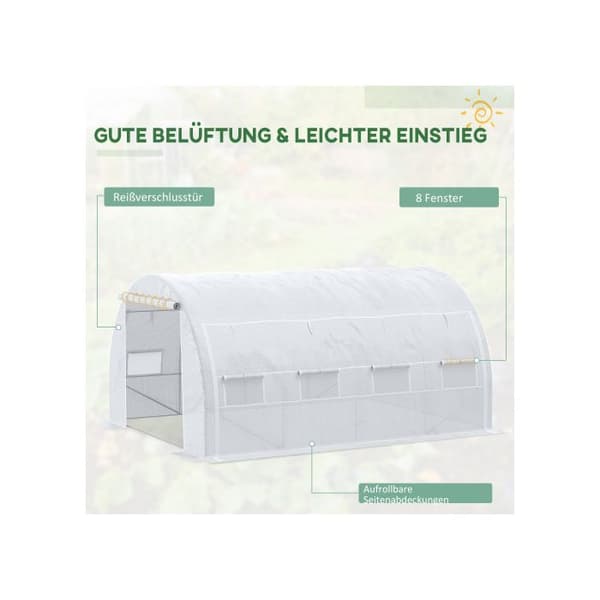 Outsunny Växthus i plastfilm 3,97 x 3,02 x 2 m med UV-skydd, vindskydd för tomater med sidodörr i vitt stål