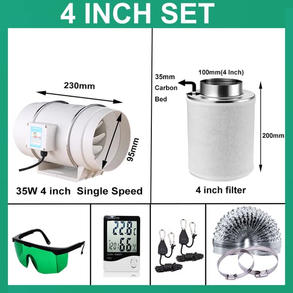 Hydroponisk Grow Tent Kit, Høj-Effektiv Ventilation, Komplet Sæt med Termometer og Luftfugtighedsmonitor,4 tommer 200mm 35mm, 220V