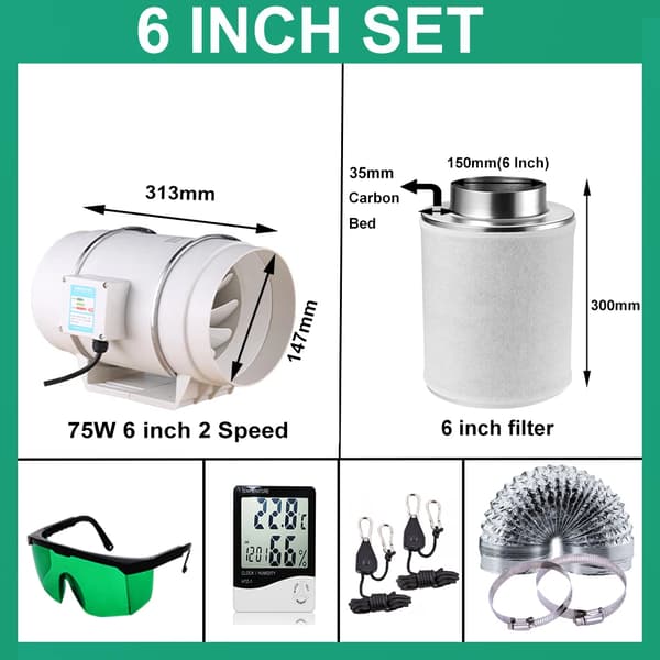 Hydroponisk Grow Tent Kit, Høj-Effektiv Ventilation, Komplet Sæt med Termometer og Luftfugtighedsmonitor,6 tommer 300mm 35mm, 220V