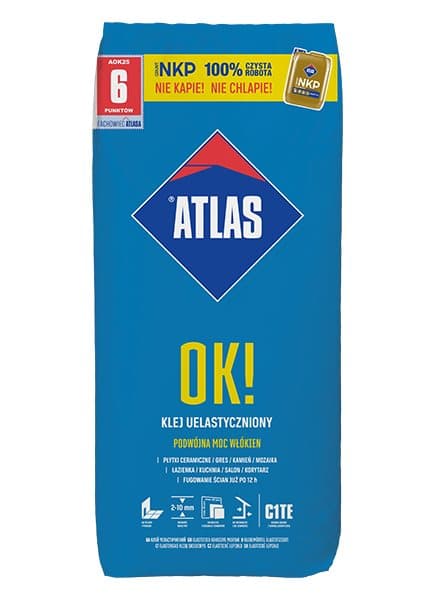 Atlas OK ❗ fliseklæbende mørtel elastiseret dobbelt fiberstyrke, 2-10 mm 25kg