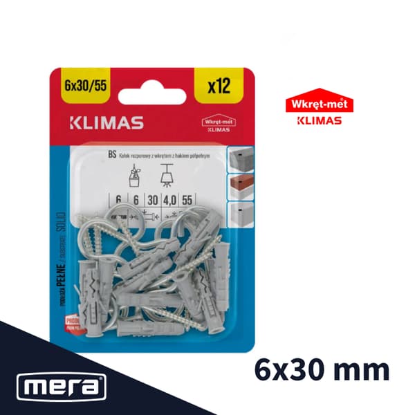 Skrue-met ekspansionspropper med semi-dobbelt krog 6x30 12 stk.