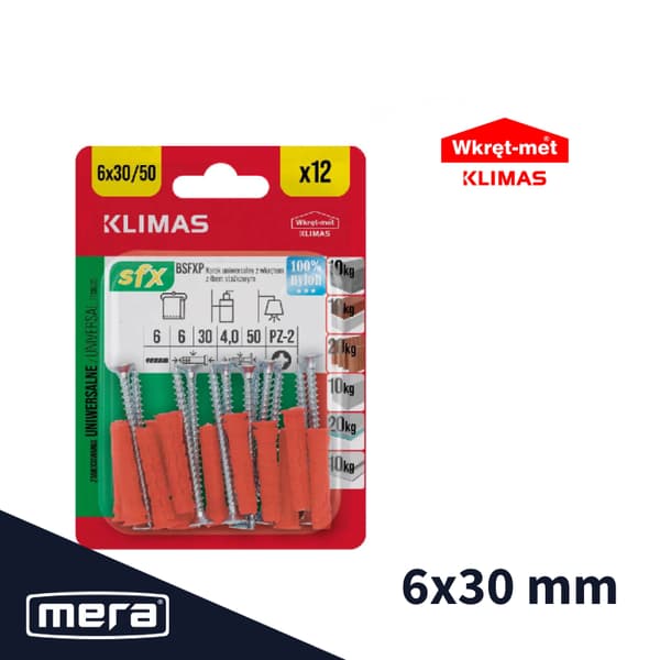 Kierrettävät yleistulpat 6x30 kartioruuvilla 4x50 12 kpl.