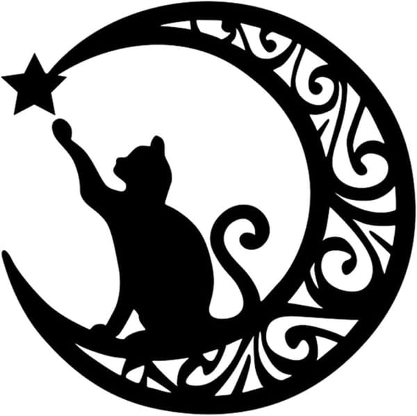 Mandala Moon and Cat Metal Väggdekoration, Cat On the Moon Väggkonst, Svart Silhouette Cat and Moon Väggdekoration för sovrummets vardagsrum