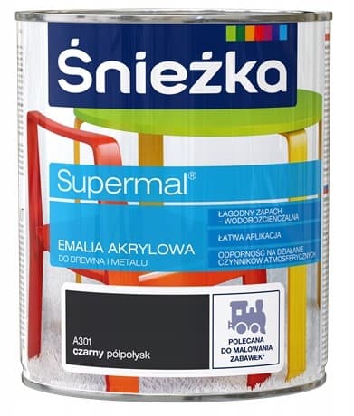 Supermal akryyliemali puulle ja metallille A301 musta puolikiiltävä 0,8 l