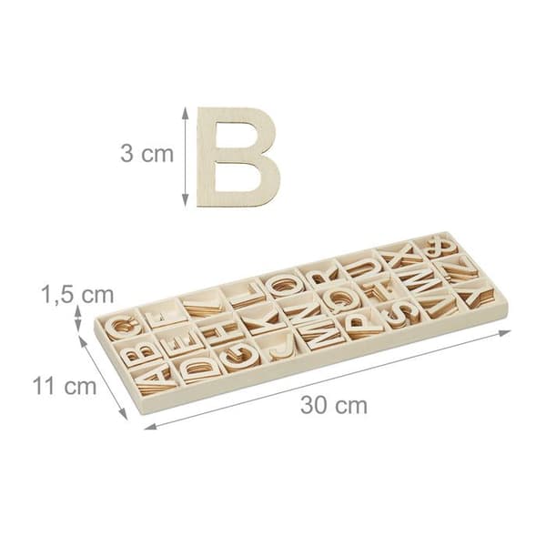 Bokstäver i trä - Relaxdays - 10028684 - 162 bitar - 3 cm - Förvaringslåda