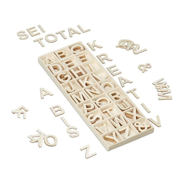 Bokstäver i trä - Relaxdays - 10028684 - 162 bitar - 3 cm - Förvaringslåda