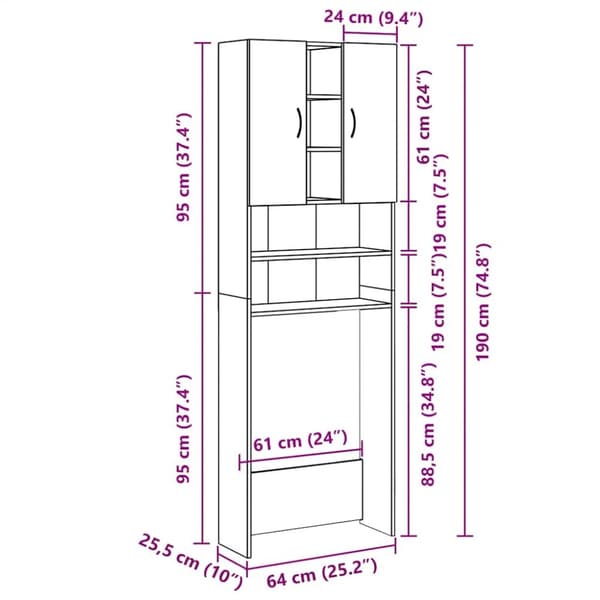 vidaXL badeværelsesskab til vaskemaskine 64x25,5x190 cm sonoma-eg