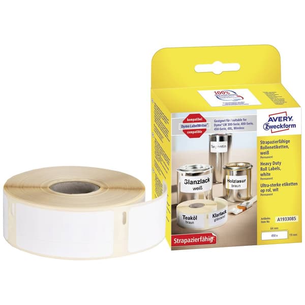 Avery-Zweckform Etikettrulle 19 x 64 mm Folie Vit 450 st Permanent A1933085 Universaletiketter