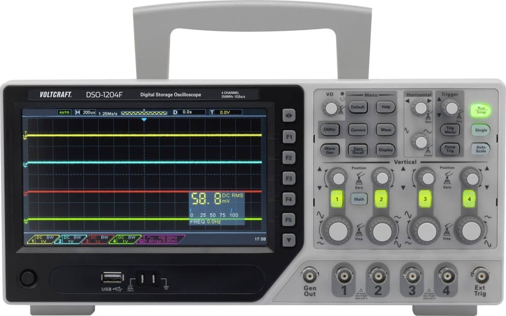 VOLTCRAFT DSO-1104F Digitalt oscilloskop 100 MHz 4 kanaler 1 GSa/s 64 kpts 8 Bit Digital lagring (DSO), Funktionsgenerator
