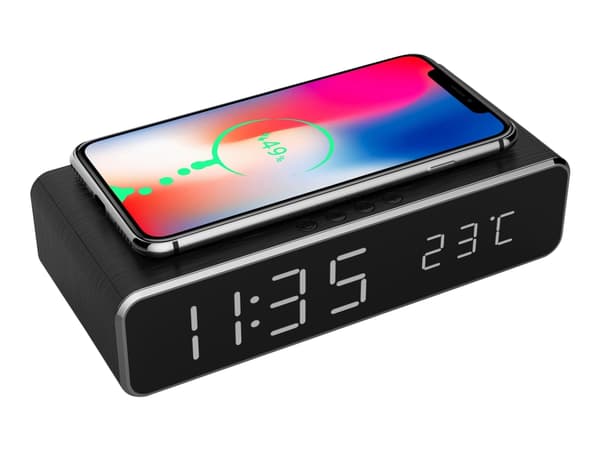 Gembird Digitaler vækkeur med trådløs Ladefunktion Sort, Digital alarmur, Rektandel, Sort, iPhone X/XS/XR, iPhone 8, Galaxy S8/S7/S6, LCD