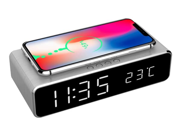 Gembird Digitaler vækkeur med trådløs adefunktion Silver, Digital alarmur, Rektandel, Sølv, iPhone X/XS/XR, iPhone 8, Galaxy S8/S7/S6, LCD