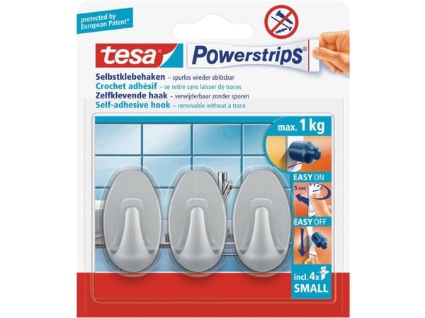 TESA 57519-00000, Universalkrok, Krom, Plast, 1 kg, 3 styck, Blåsa