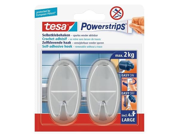 TESA 58050-00012, inomhus, Handdukskrok, Krom, Självhäftande remsa, 2 kg, Oval
