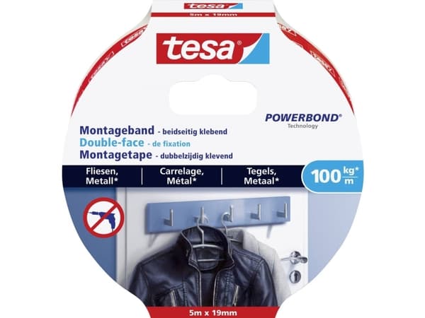 TESA 77747-00000, Kiinnitysteippi, Valkoinen, 0,19 m, Sisätila, Keramiikka, Puu, 1 kg/cm