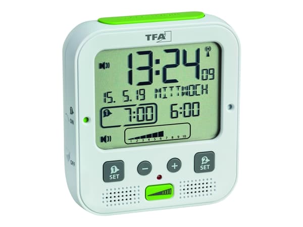 TFA BOOM - Alarmklokke - elektronisk - skrivebord - hvit, grønn