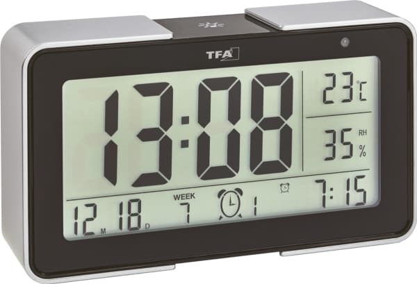 TFA - Alarmklokke - rektangulær - elektronisk - skrivebord - svart, sølv