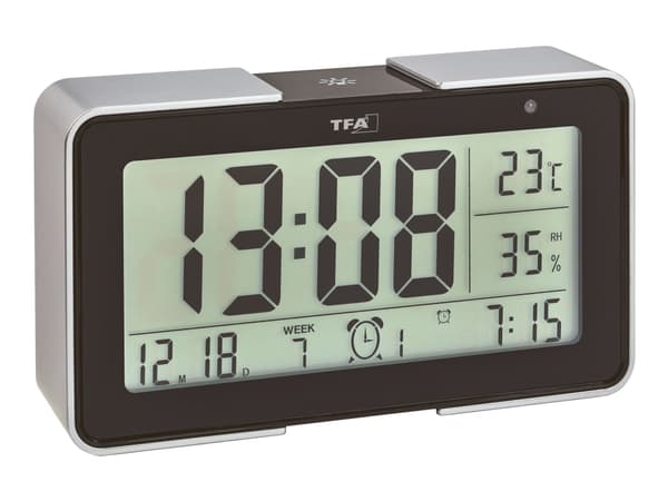 TFA - Alarmklokke - rektangulær - elektronisk - skrivebord - svart, sølv