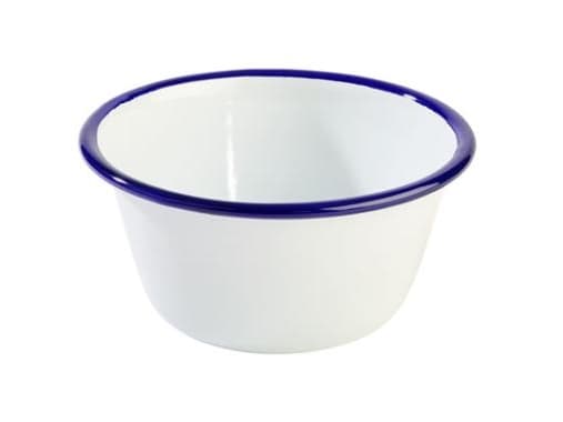 Skål 50 cl Ø13xH6 cm Emaljebelagt stål Hvid med blå kant,10 stk/pk