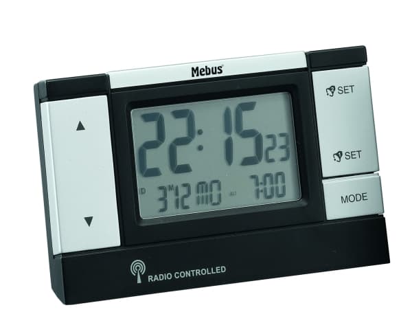 Mebus 51059, Digital väckarklocka, Svart, Silver, 12/24h, LCD, 2 linjer, Batteri