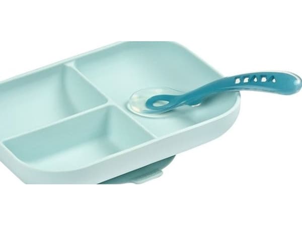 Beaba silikon bunnklebende 3-roms plate med skje, blå