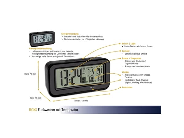 TFA-Dostmann BOXX, Digital vekkerklokke, Rektangel, Sort, 0 - 50 °C, F, °C, LCD