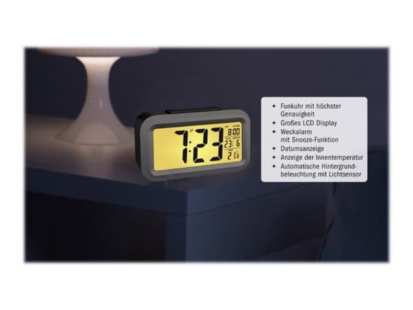 TFA-Dostmann LUMIO PLUS, Digitaalinen herätyskello, Suorakulmio, Musta, Hopea, Muovi, 12/24t, -9 - 50 °C