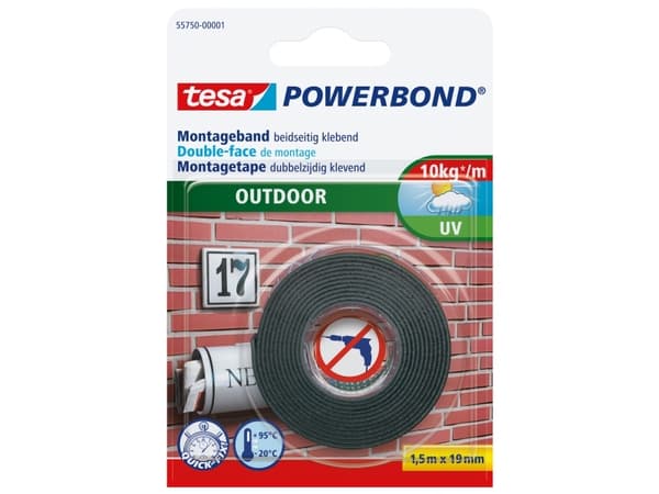 TESA Powerbond OUTDOOR, Kiinnitysteippi, Musta, 1,5 m, Ulkona, Tiili, Metalli, Muovi, Kivi, 0,1 kg/cm