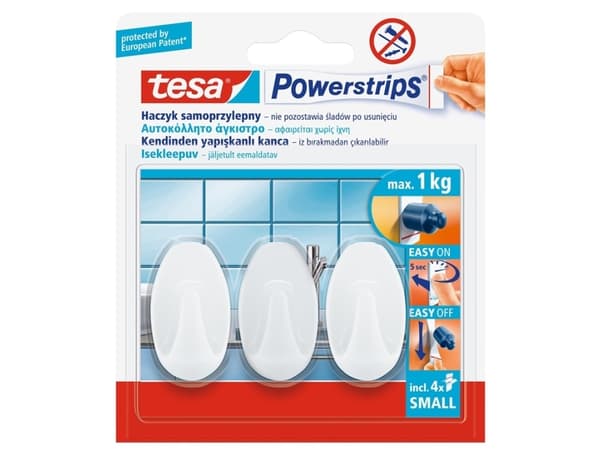Tesa Powerstrips självhäftande krok liten vit 3st (57533)