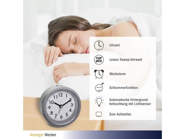 TFA-Dostmann 60.010669, Quartz vekkerklokke, Rund, Mynte, Sølv, Plast, Analog, Batteri