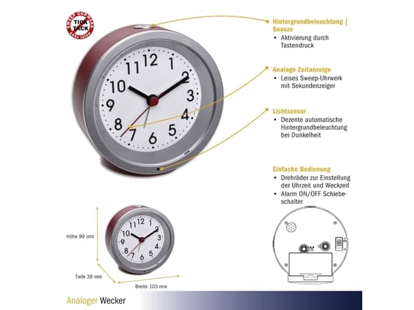 TFA-Dostmann 60.010671, Quartz vekkerklokke, Rund, Rød, Sølv, Plast, Analog, Batteri