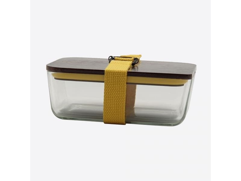 Cookut lunchlåda av glas, lock och rem av bambu gul 20x12x8