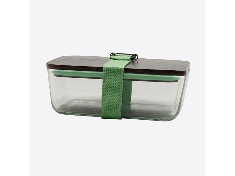 Cookut lunchlåda av glas, lock och rem av bambu grönt 20x12x8