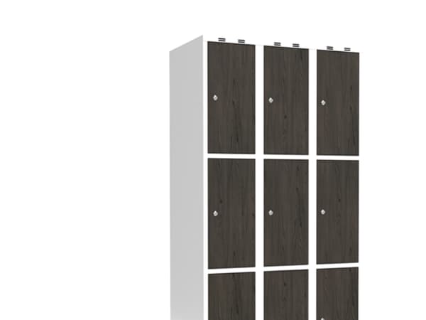 Vaatekaappi 3x300 mm Suora katto 3-osainen pilari Laminaattiovi Nocturne-puu Sylinterilukko