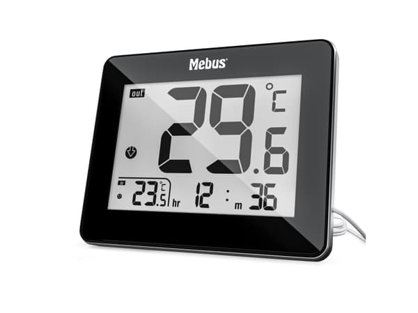 Mebus 48432, Elektronisk miljøtermometer, Inne/Ute, Digitalt, Sort, Bord, Rektangulær
