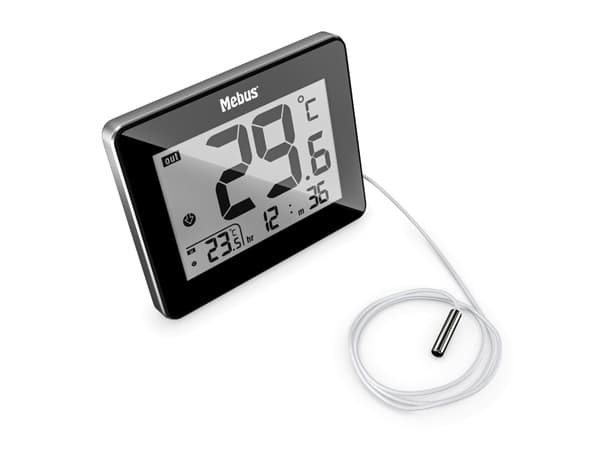 Mebus 48432, Elektronisk miljøtermometer, Inne/Ute, Digitalt, Sort, Bord, Rektangulær