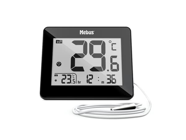 Mebus 48432, Elektronisk miljøtermometer, Inne/Ute, Digitalt, Sort, Bord, Rektangulær