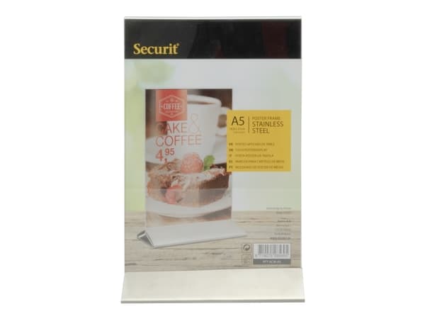 Securit® A5-kokoinen näyttökehys ruostumattomasta teräksestä valmistetulla jalustalla