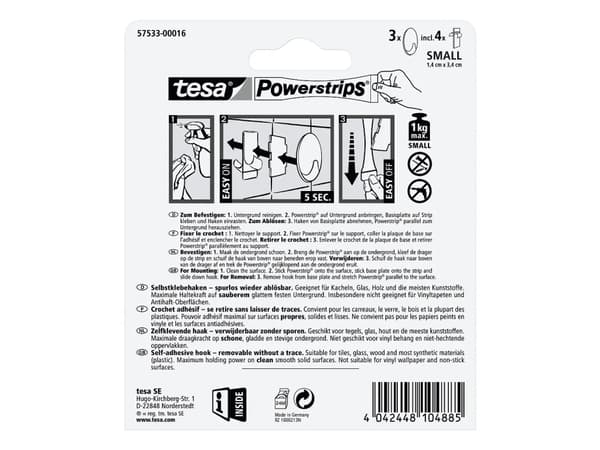 Tesa Powerstrips Small - Selvklebende krok - hvit (en pakke 3)
