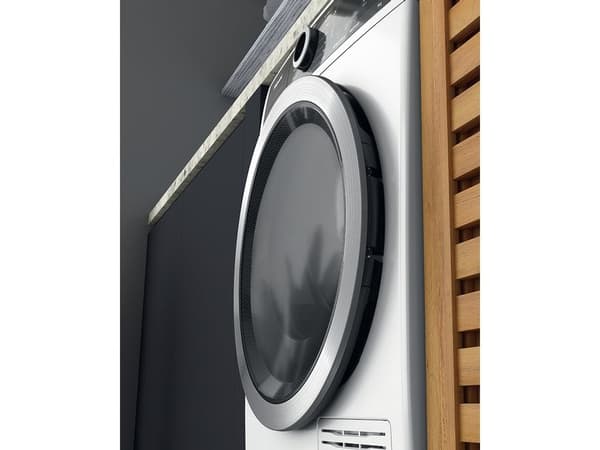 Hotpoint H8 D94WB EU, Frittstående, Frontmatet, Varme pumpe, Hvit, Rotasjon, Berøringskontroll, Riktig/Høyre