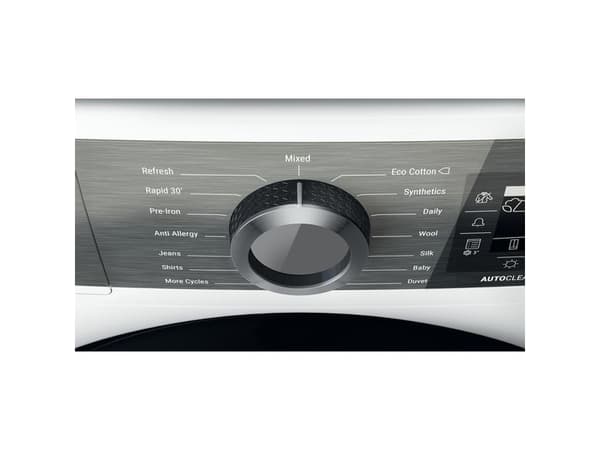 Hotpoint H8 D94WB EU, Frittstående, Frontmatet, Varme pumpe, Hvit, Rotasjon, Berøringskontroll, Riktig/Høyre