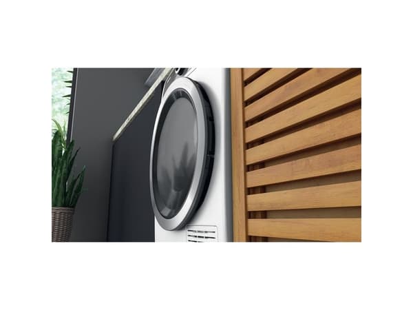 Hotpoint H8 D94WB EU, Frittstående, Frontmatet, Varme pumpe, Hvit, Rotasjon, Berøringskontroll, Riktig/Høyre