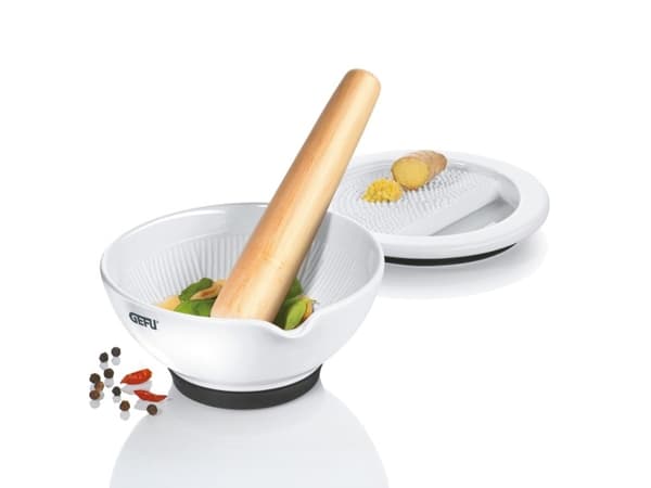 GEFU SURI, Valnøtt, Hvit, Porselen, Teak wood, Morter og pistill, 125 mm, 57 mm, 140 mm