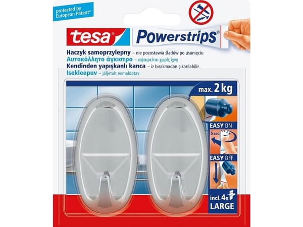 TESA 58050-00012, Innendørs, Håndklekrok, Kromfarget, Limstrimmel, 2 kg, Oval