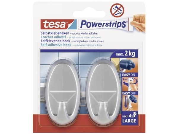 TESA 58063, Handdukskrok, Krom, Plast, 2 kg, 2 styck, Blåsa